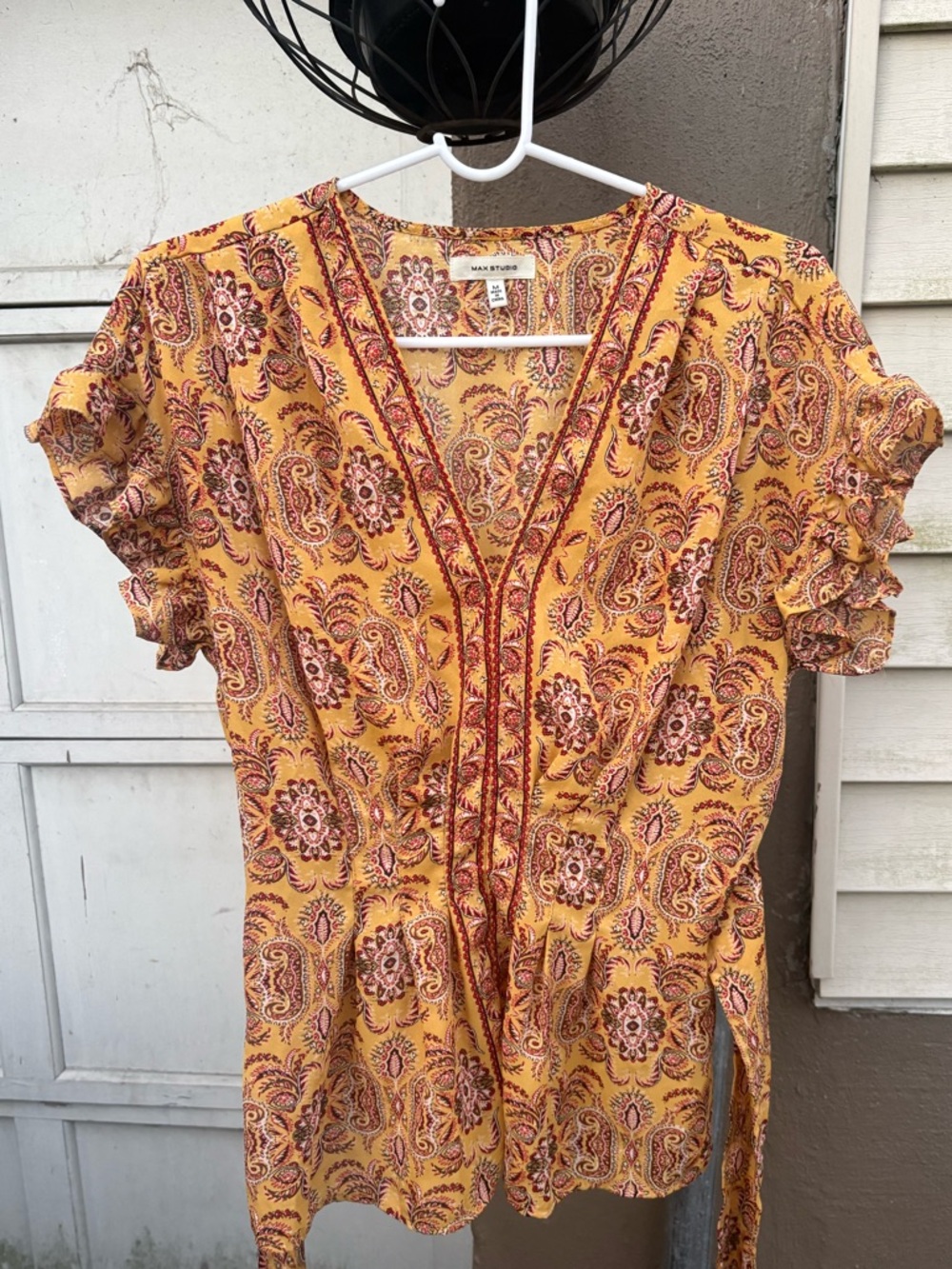 T.J.Maxx Yellow Paisley V-Neck Tie-Waist Blouse